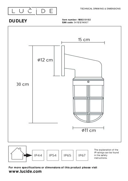 Lucide DUDLEY - Applique murale Intérieur/Extérieur - 1xE27 - IP44 - Or Mat / Laiton - TECHNISCH